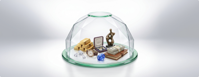 Glass dome containing gold bars, loose gemstones, pocket watch, and document